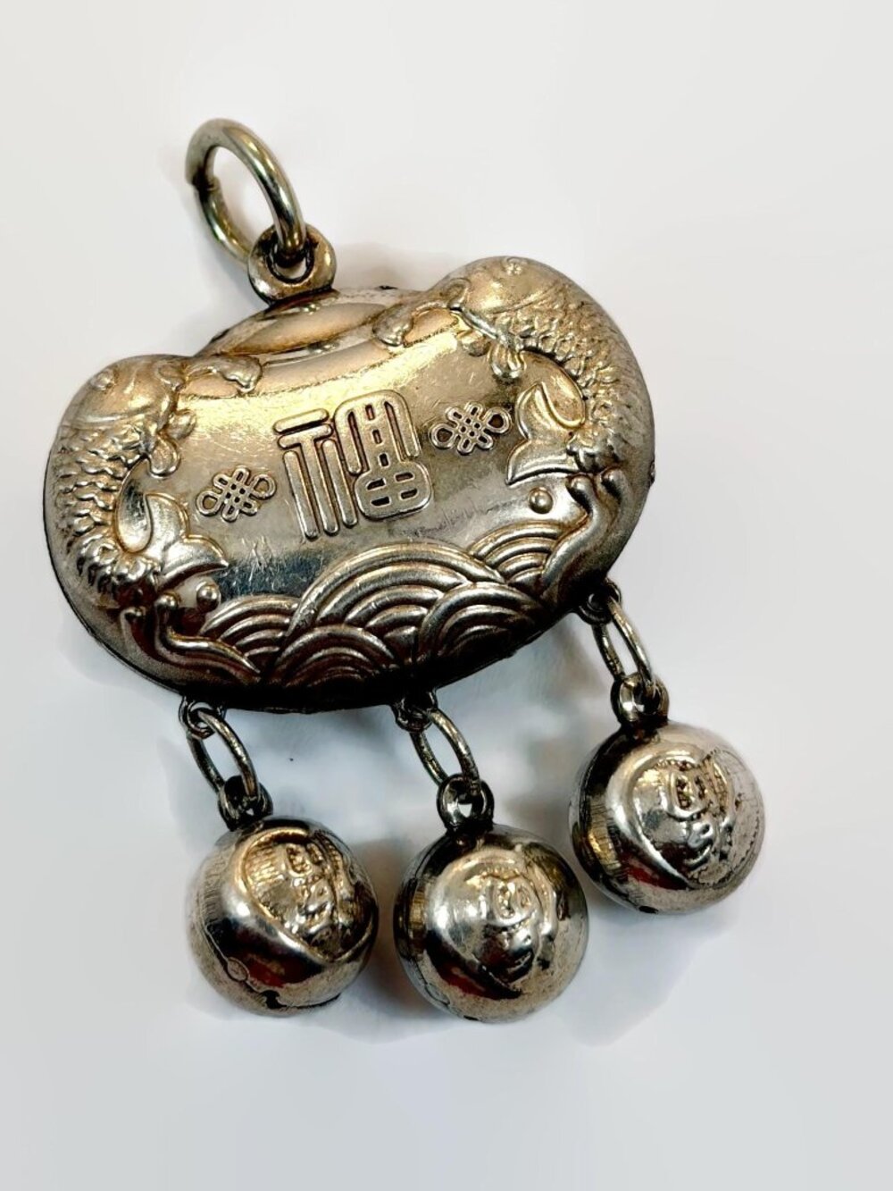 Chinese Pendant, Lock Charm, Amulet, Sterling Silver. Fish, Silver, Good Fortune